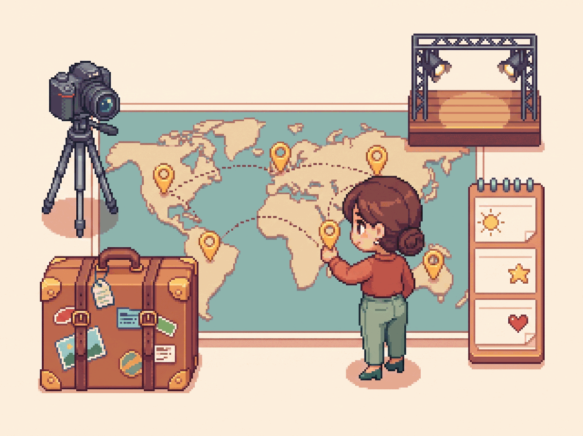 Pixel-art illustration: a map with several venue pins, a suitcase, a camera and a lit stage