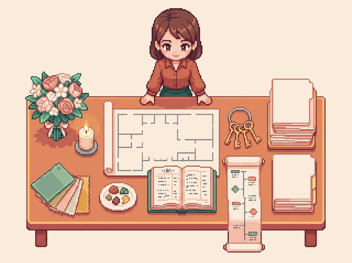 Pixel-art illustration: a work table with a whole celebration plan laid out end to end