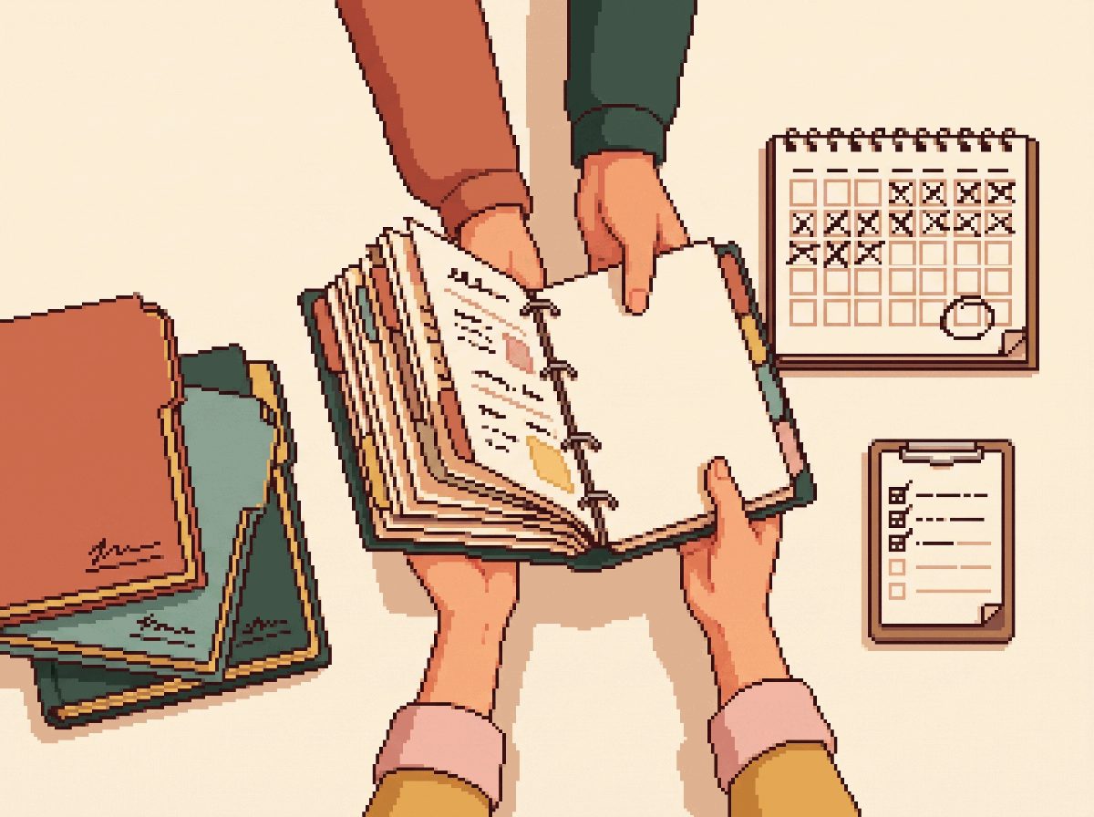 Pixel-art illustration: a half-filled planning binder being handed from one pair of hands to another