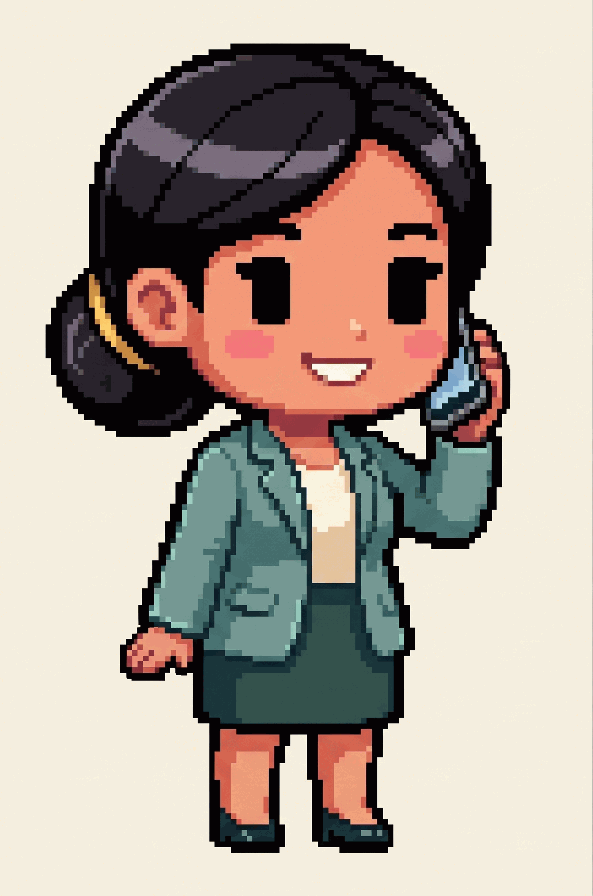 Pixel-art illustration: Jessica on the phone, smiling