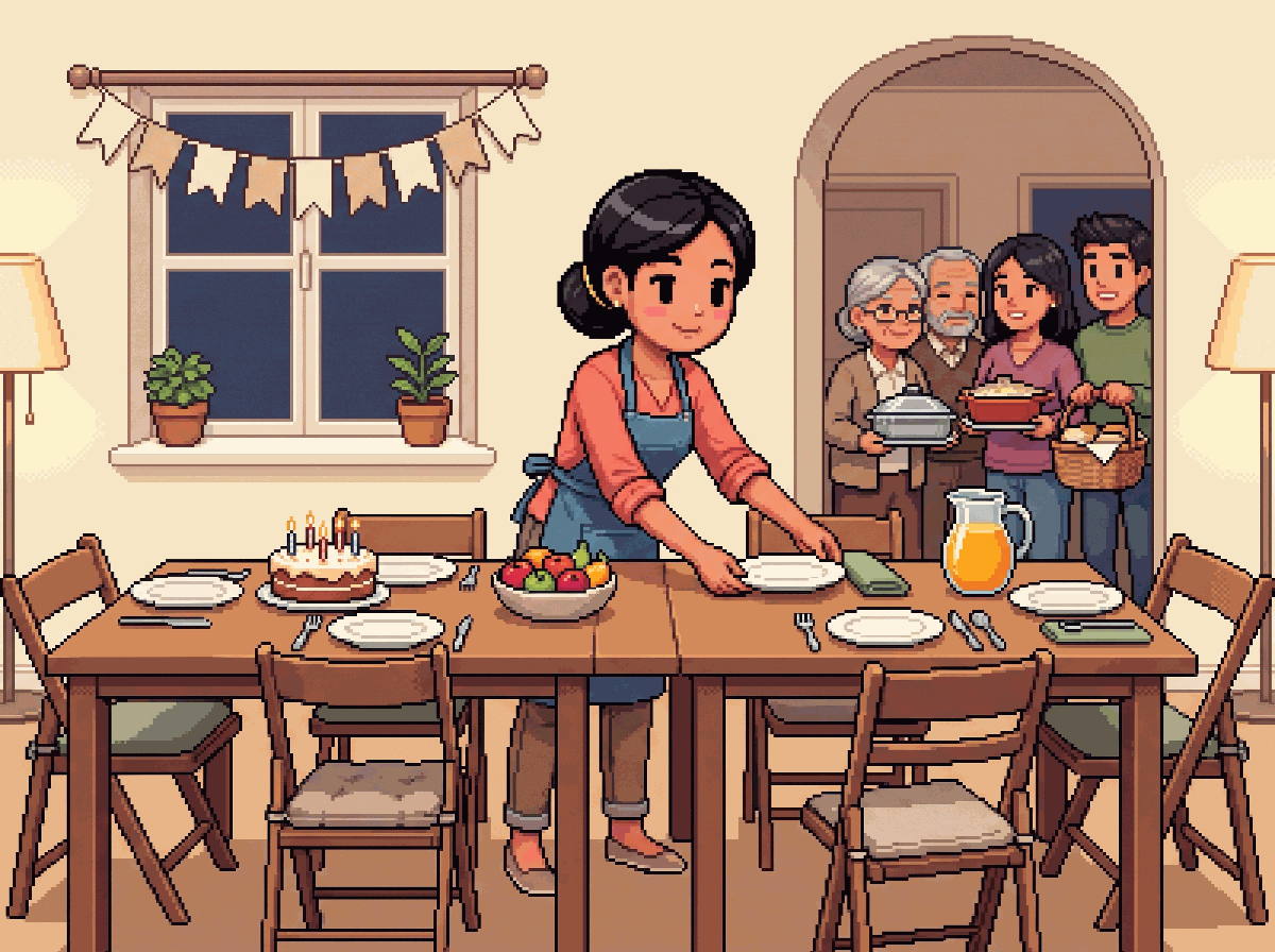 Pixel-art illustration: a younger Jessica setting up her own family's celebration at home — a long table, folding chairs, a homemade cake, family arriving with dishes