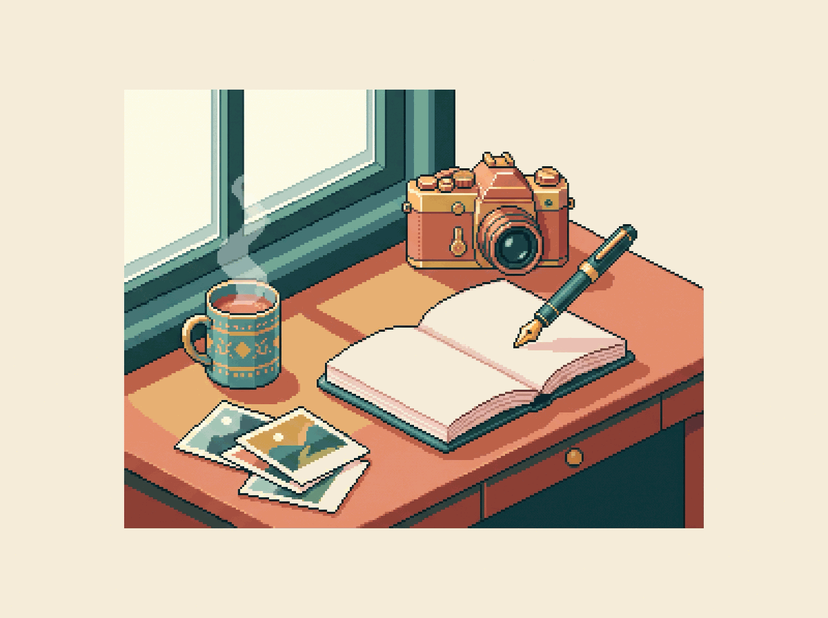 Pixel-art illustration: a desk with an open notebook, pen and camera