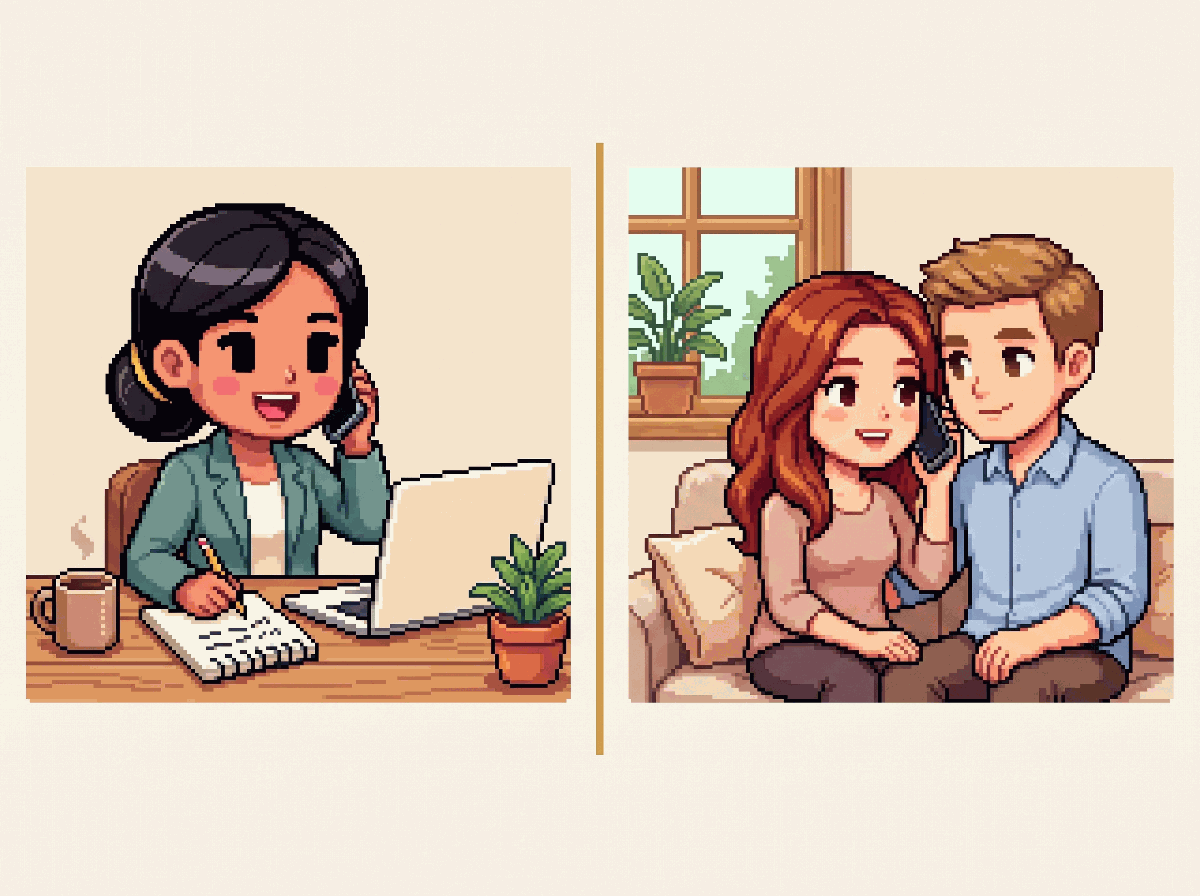 Split pixel-art illustration of the two ends of one call: on the left, Jessica at her desk with the phone to her ear, writing in an open notepad with a pencil beside her open laptop; on the right, the clients — a couple on their sofa at home — listening together on their own phone.