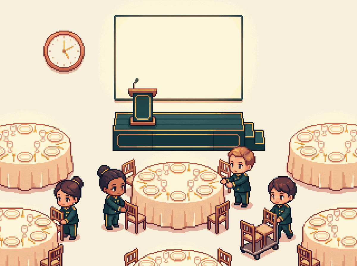 Pixel-art illustration: a corporate ballroom set with a stage and round tables