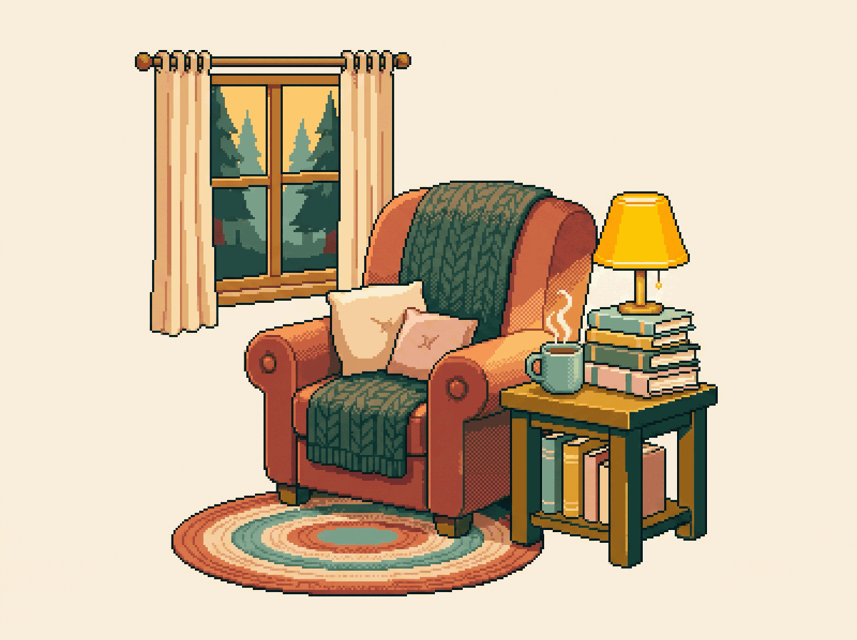Pixel-art illustration: a cosy reading nook with an armchair and a lamp