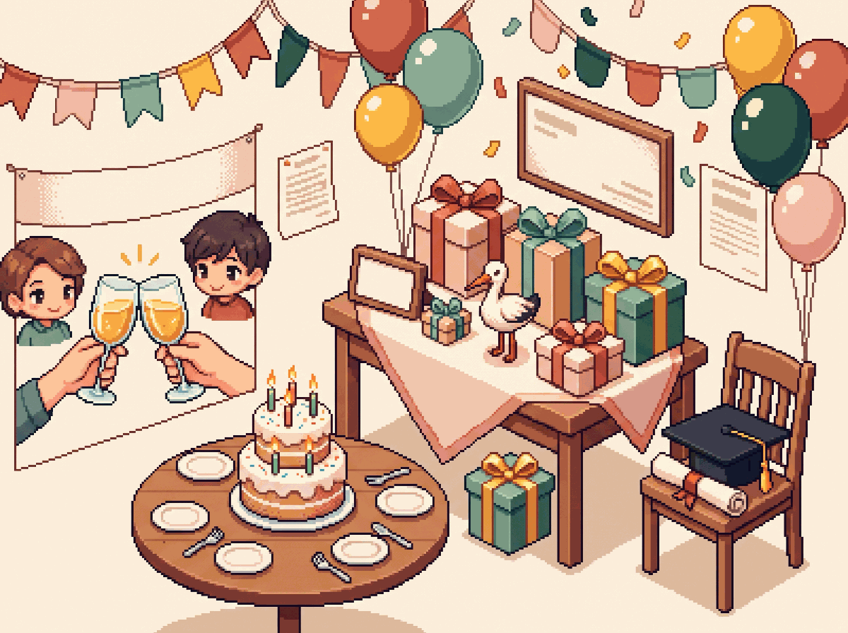 Pixel-art illustration: several in-between celebrations sharing one room