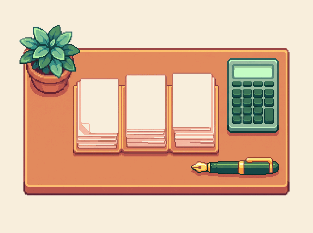 Pixel-art illustration: three service tiers as neat stacks on a desk