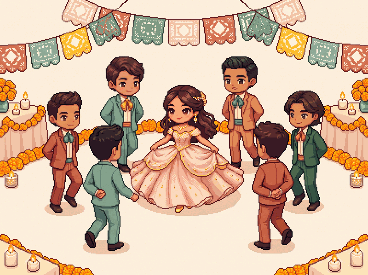 Pixel-art illustration: a quinceañera court dancing the vals under papel picado