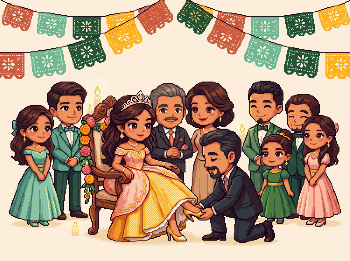 Pixel-art illustration: a quinceañera during the changing of the shoes, with her court and papel picado
