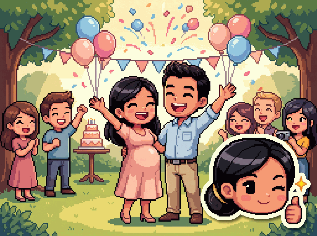 Pixel-art illustration: a garden gender-reveal party with balloons and confetti
