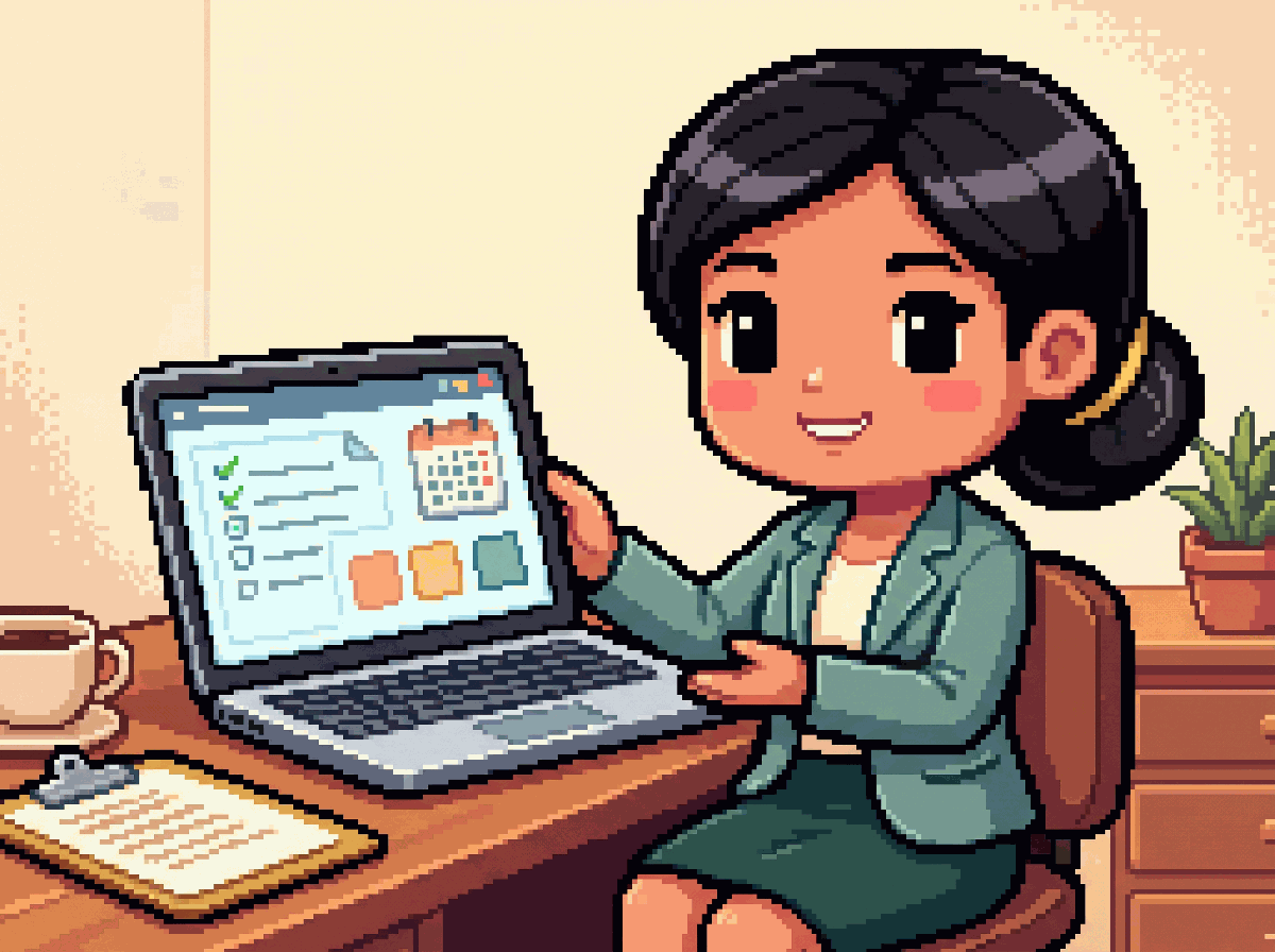 Pixel-art illustration: Jessica at her desk reviewing a checklist and a calendar on her laptop