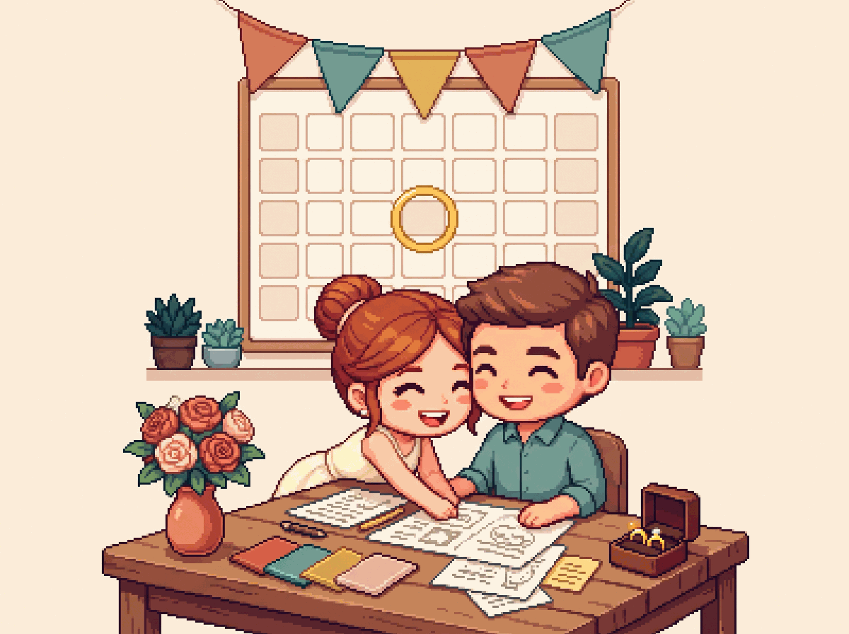 Pixel-art illustration: an engaged couple reviewing wedding plans with a wall calendar behind them
