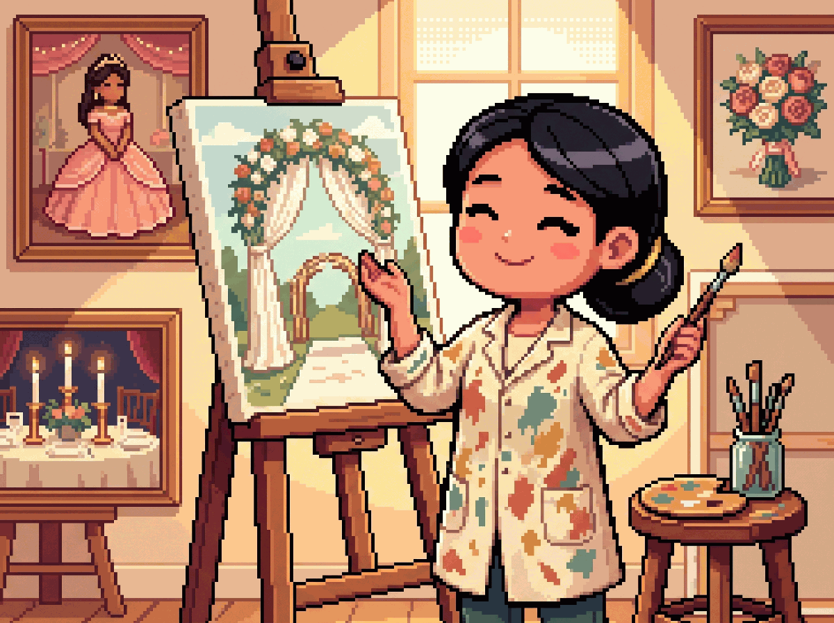 Pixel-art illustration: Jessica in a paint-stained smock beside an easel of painted event portraits