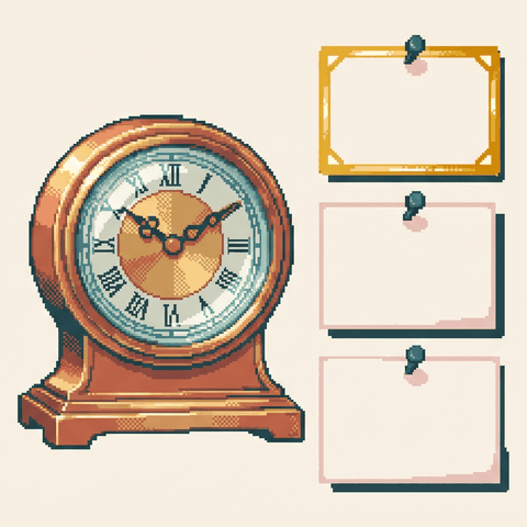 Pixel-art illustration: a mantel clock beside notes pinned to a corkboard