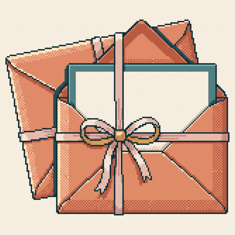 Pixel-art illustration: invitation envelopes tied with a ribbon