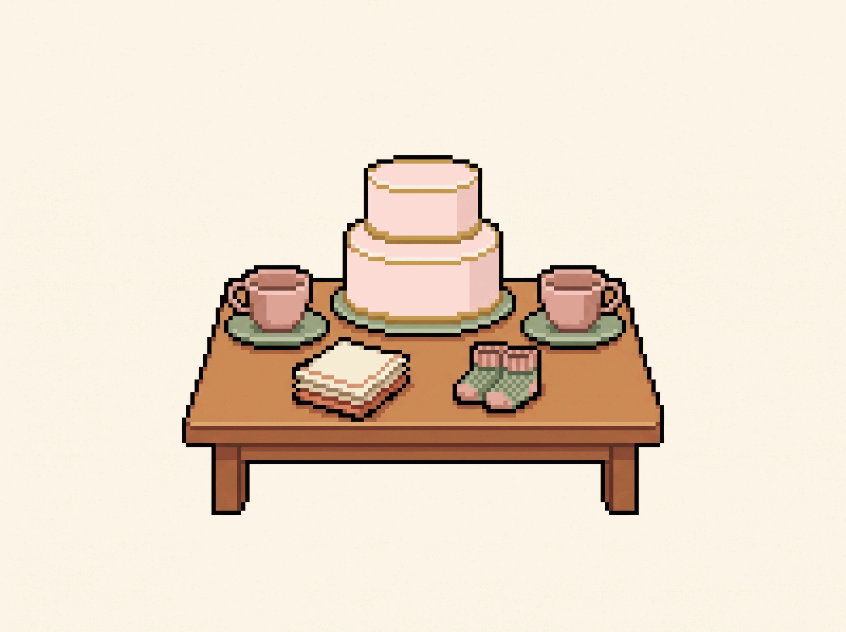Pixel-art illustration: a low table set for a baby shower with a cake, teacups and knitted booties