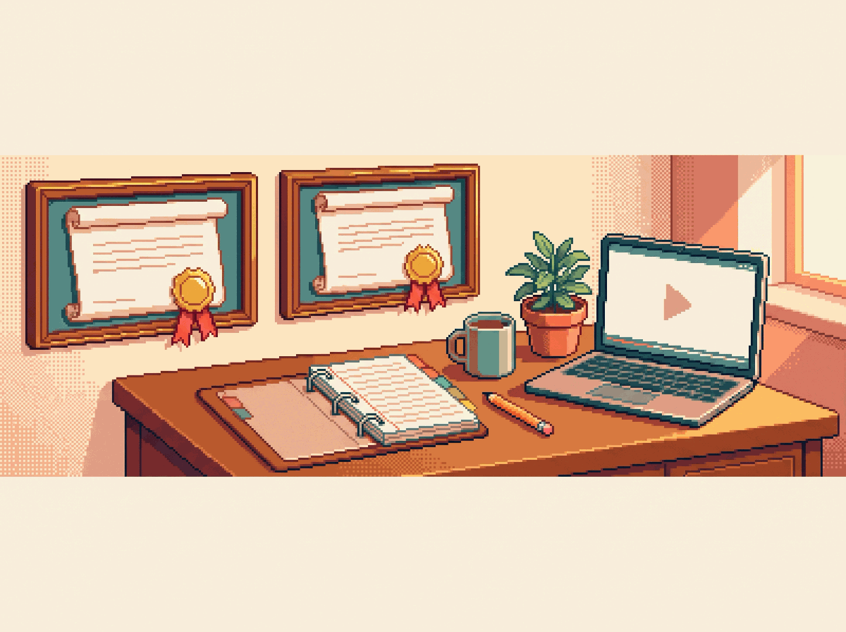 Pixel-art illustration: two framed certificates on a cream wall above a desk with an open binder and a paused video seminar