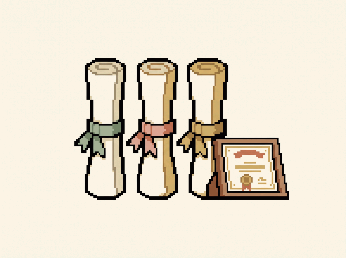 Pixel-art illustration: three rolled diplomas tied with ribbon beside a framed certificate