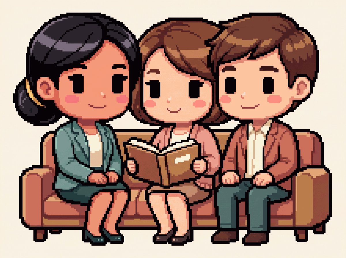 Pixel-art illustration: a planner and an engaged couple leaning together over one open notebook