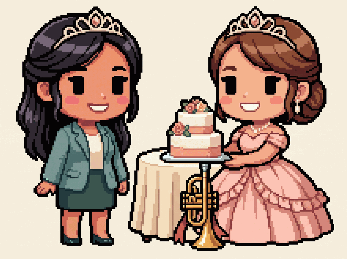 Pixel-art illustration: a quinceañera in a blush ballgown beside a tiered cake and a mariachi trumpet