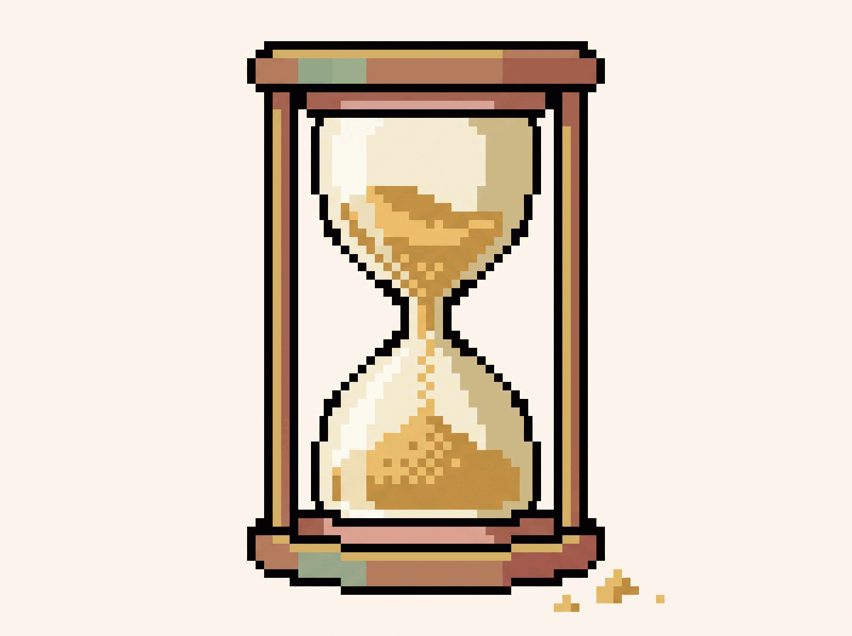 Pixel-art illustration: an hourglass with sand running through it
