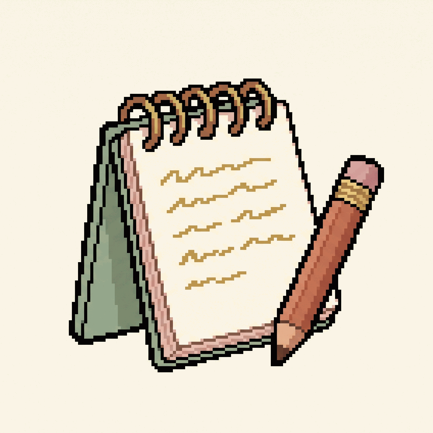 Pixel-art illustration: an open spiral notepad with a pencil resting beside it