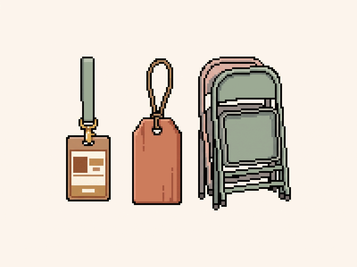 Pixel-art illustration: a wooden price tag beside a lanyard badge and stacked folding chairs