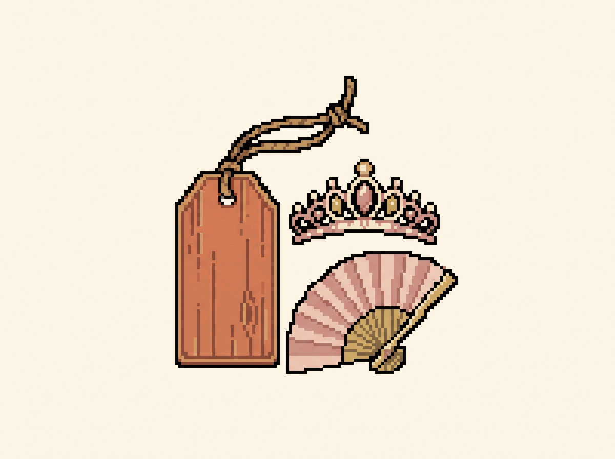 Pixel-art illustration: a wooden price tag beside a jewelled tiara and a folded fan