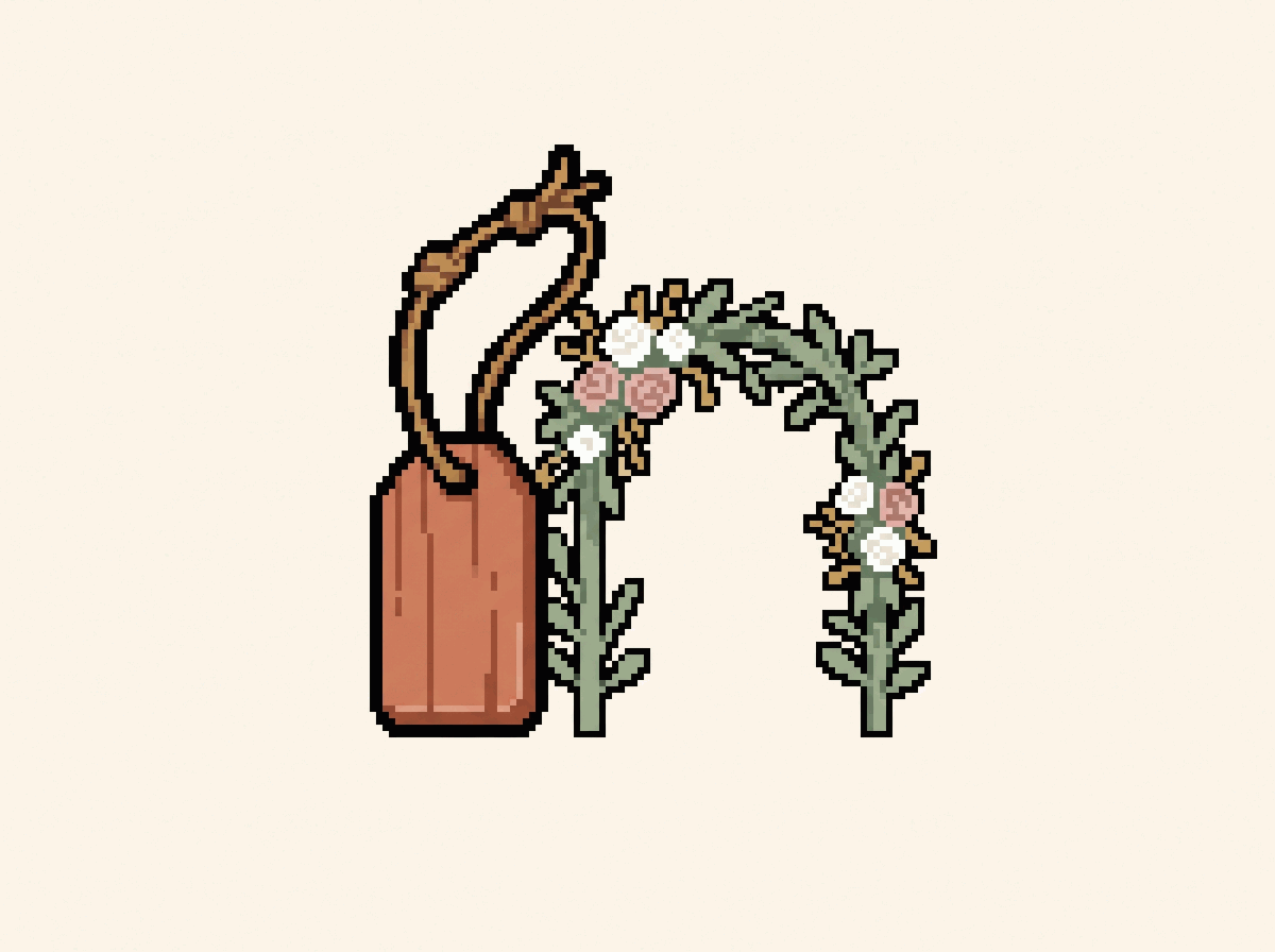 Pixel-art illustration: a wooden price tag beside a small floral wedding arch