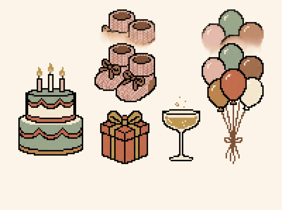 Pixel-art illustration: a birthday cake, baby booties, a gift box, a champagne coupe and balloons in a row