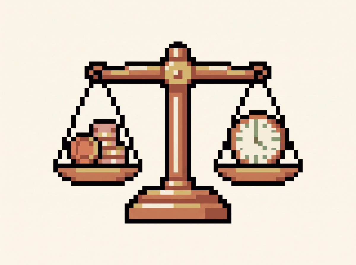 Pixel-art illustration: a balance scale with coins on one pan and a clock on the other
