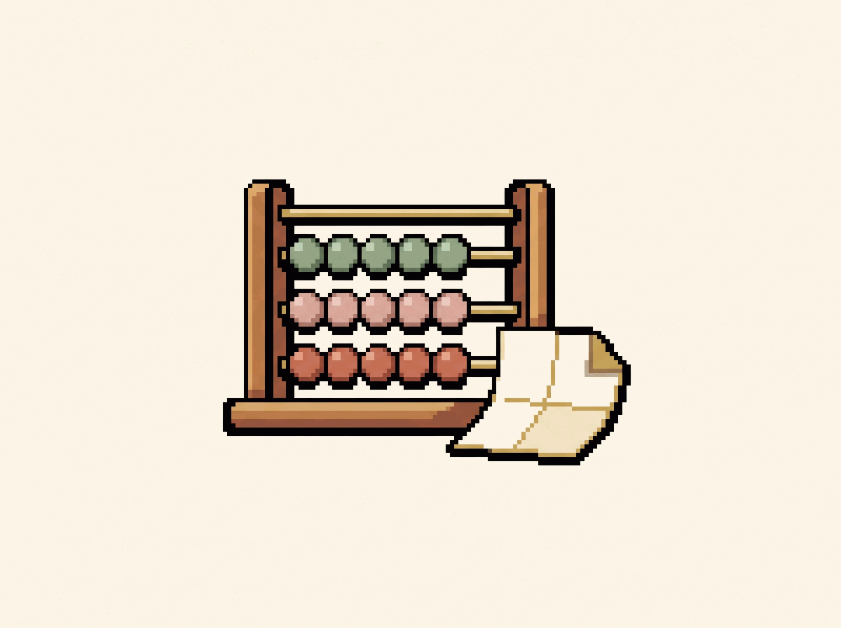Pixel-art illustration: a small wooden abacus beside a folded paper note