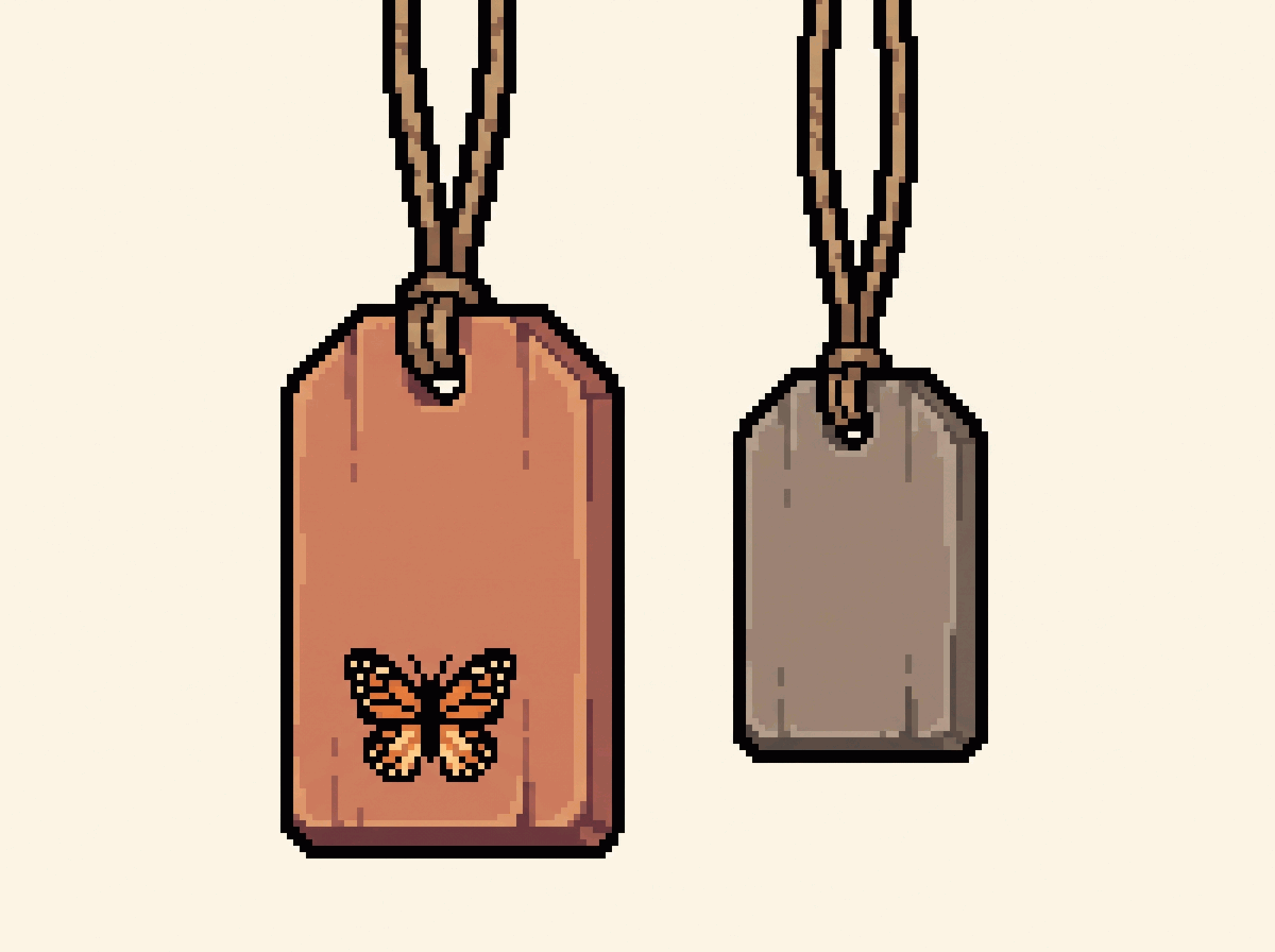 Pixel-art illustration: two wooden price tags side by side, the founding one marked with a monarch butterfly