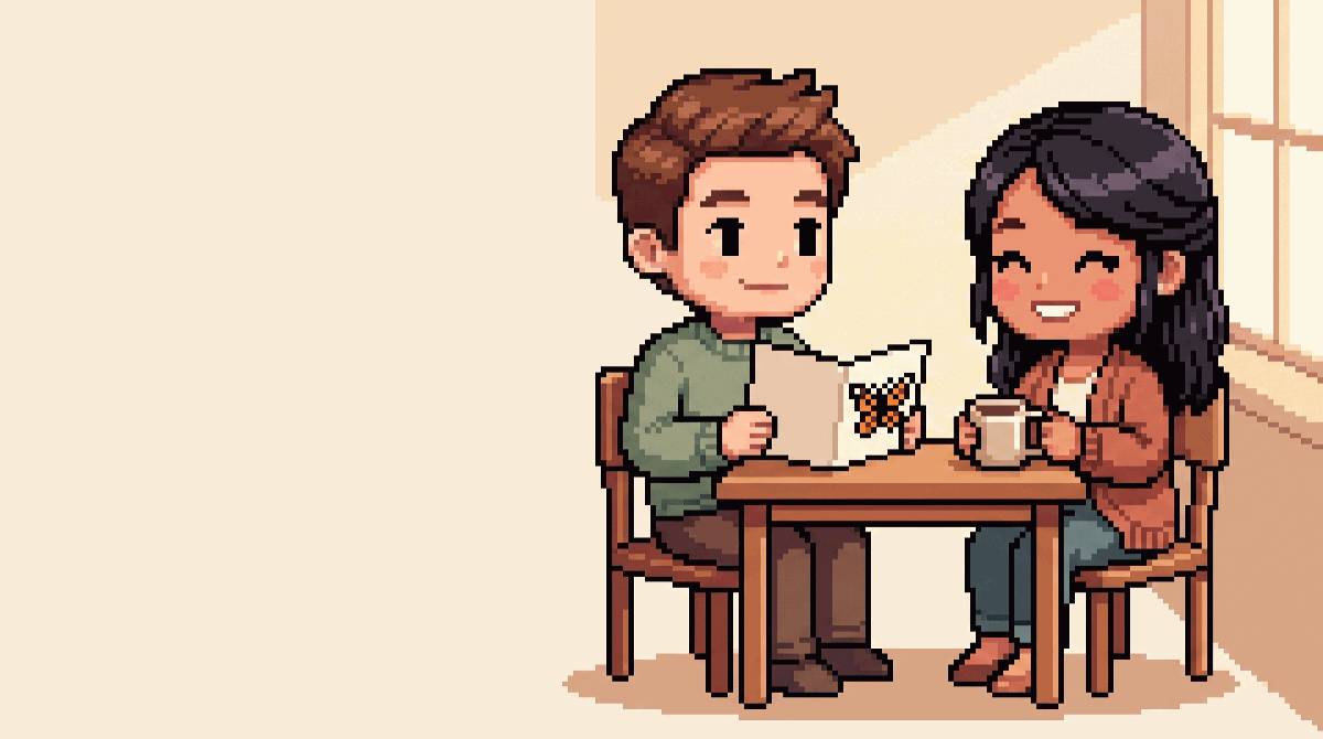 Pixel-art illustration: two people at a small table by a window, one holding an open card and one holding a mug, with a bare wall beside them
