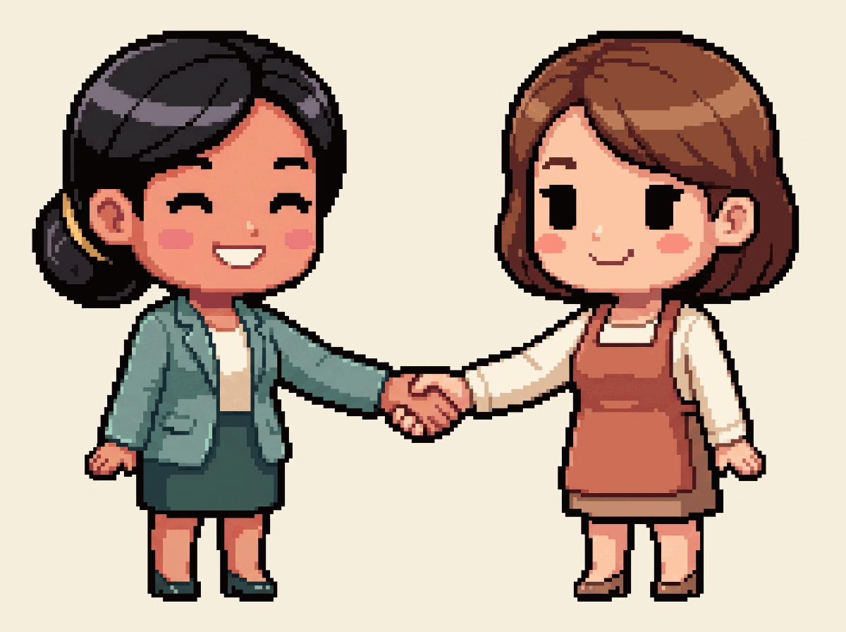 Pixel-art illustration: two people shaking hands, one in a sage blazer and one in a terracotta apron