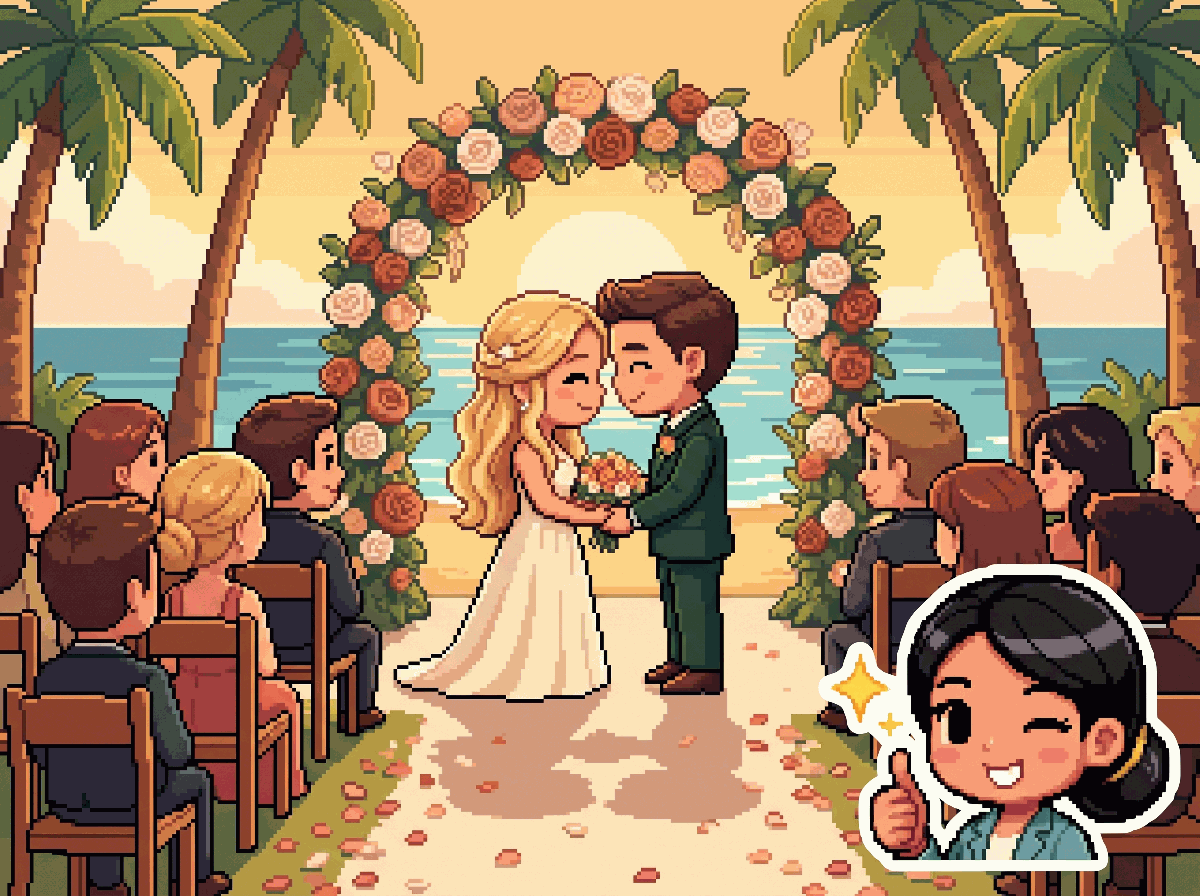 Pixel-art illustration of a beach wedding ceremony under a flower arch, guests seated at sunset
